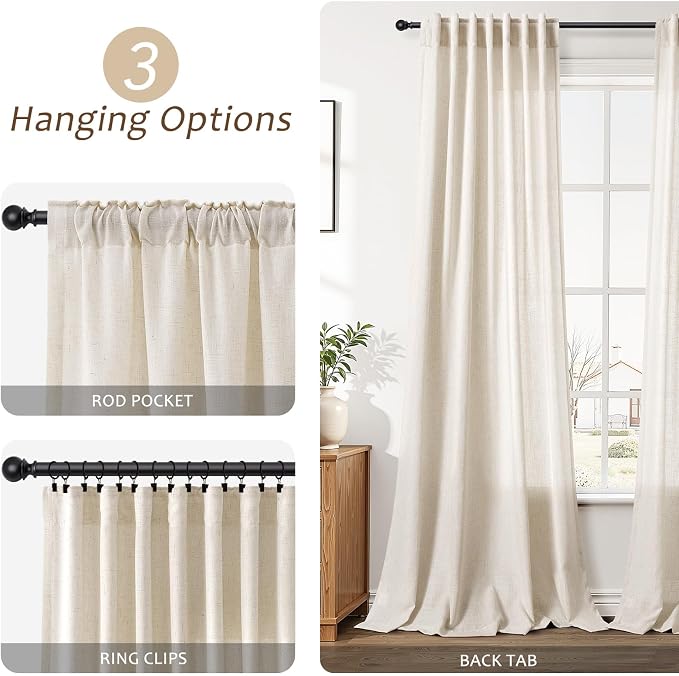Aersas Boho Linen Curtains 102 Inches Length for Living Room Flax Texture Wave Fabric Semi Sheer with Rod Pocket Back Tab for Bedroom Balcony Light Filtering Neutral Home Decor 52x102