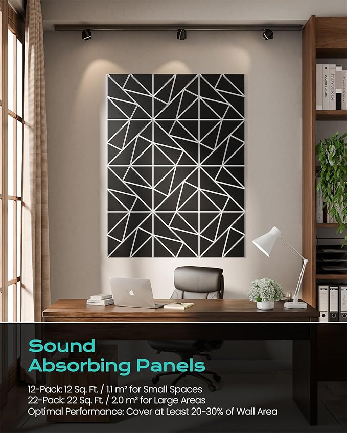 12-Pack Felt Acoustic Panels,12"x12"x0.4" Soundproof Wall Panels, Peel & Stick Sound Proof Foam Panels for Walls, Geometric Noise Reduction Panels for Home Office,Studio (Black on White)