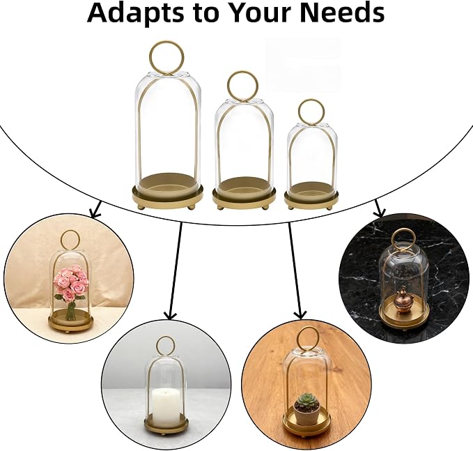 3 Pack Metal Candle Holders with Glass Dome, 5.5" & 4.7" & 3.9" Wide Gold Candlestick Holders Set, Versatile Hurricane Lanterns Candleholders for Pillar Candle, Decorative Glass Display Dome Stands