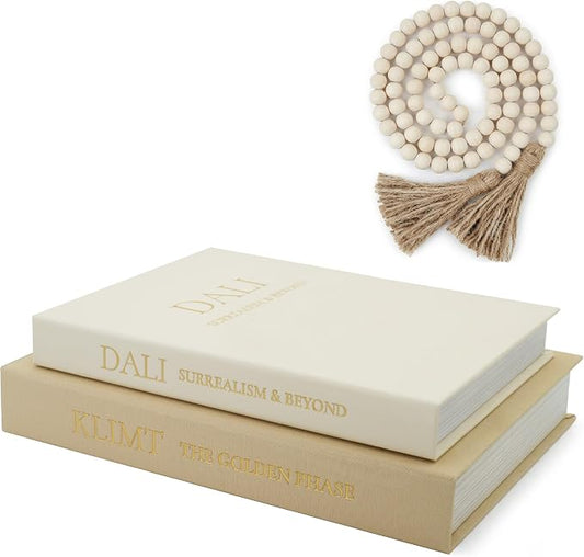 3-Piece Decorative Books for Home Decor with Wood Bead Garland - Stackable Linen Faux Book Box for Coffee Table Styling, Real Fabric Cover Fake Books with Tassel as Display Riser for Shelf