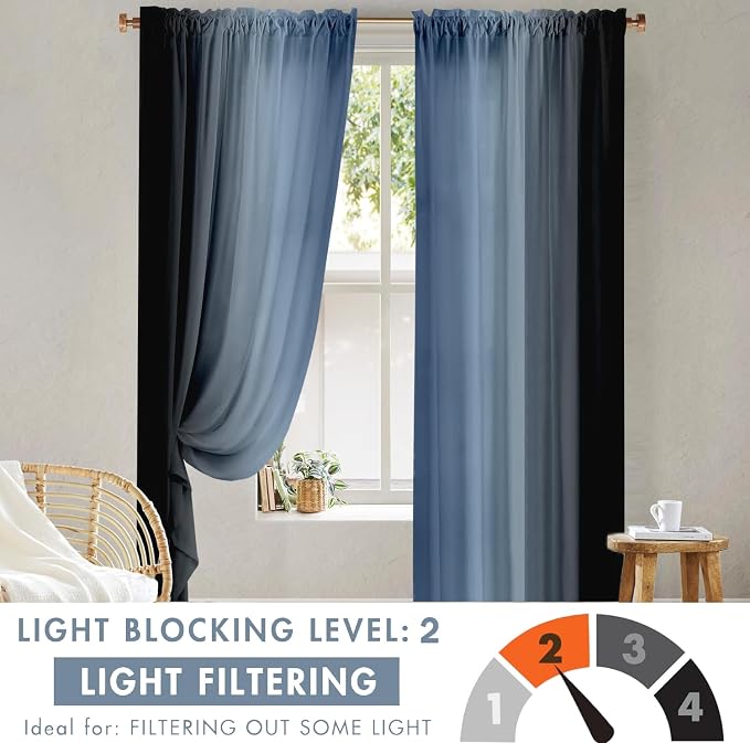 Navy Blue and Black Curtains for Living Room 84 Inch Length Ombre Curtains 2 Panel Bedroom Black and Blue Curtains Rod Pocket Light Filtering Window Curtain Modern Gradient Drapes