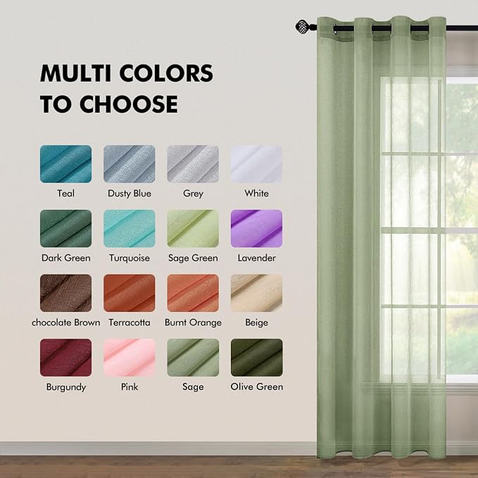 MIULEE 2 Panels Sage Green Semi Sheer Window Curtains Spring Elegant Grommet Top Window Voile Drapes/Treatment Linen Textured Light Green Panels for Bedroom Living Room (54X96 Inches)