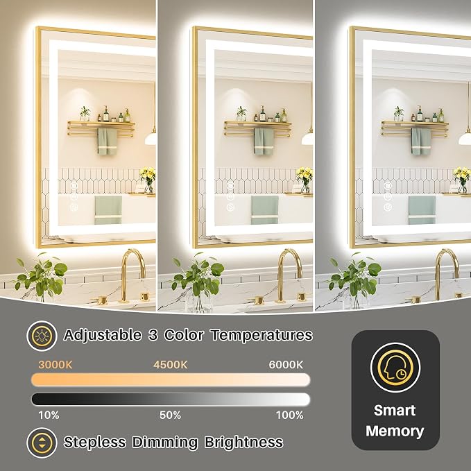 60x30 Inch LED Bathroom Mirror with Gold Frame, Backlit & Front Lit, Anti-Fog Lighted Bathroom Vanity Mirror for Wall, Memory Function, Dimmable, HD Tempered Glass, Shatter-Proof