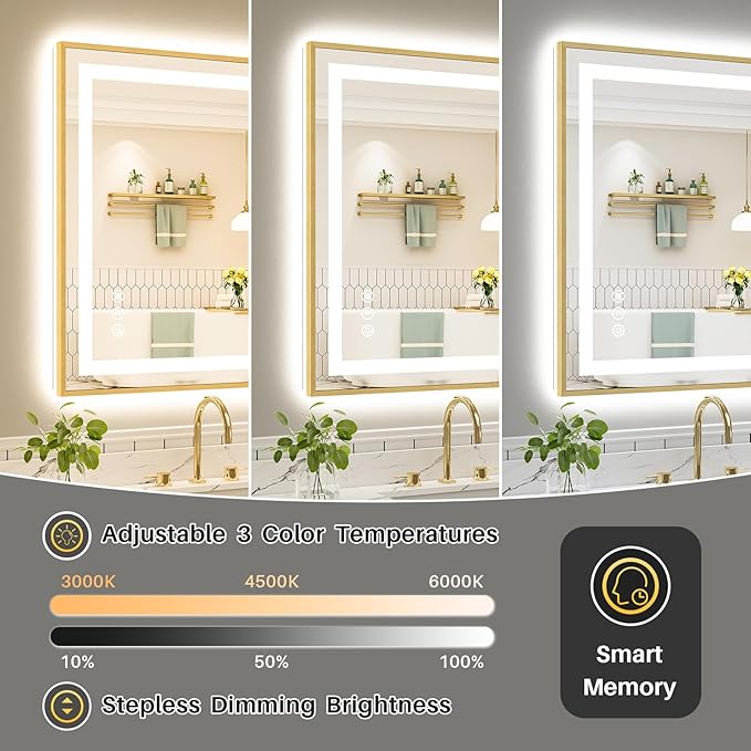 48x36 Inch LED Bathroom Mirror with Gold Frame, Backlit & Front Lit, Anti-Fog Lighted Bathroom Vanity Mirror for Wall, Memory Function, Dimmable, HD Tempered Glass, Shatter-Proof