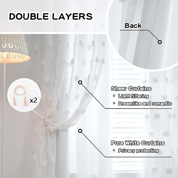 MYSKY HOME White Curtains for Living Room Extra Long Curtain for Sliding Door Double Layer Drapes White Pom Pom Sheer Back Tab Light Filtering Privacy Protect Window Panels, W52 X L102 2 Pieces