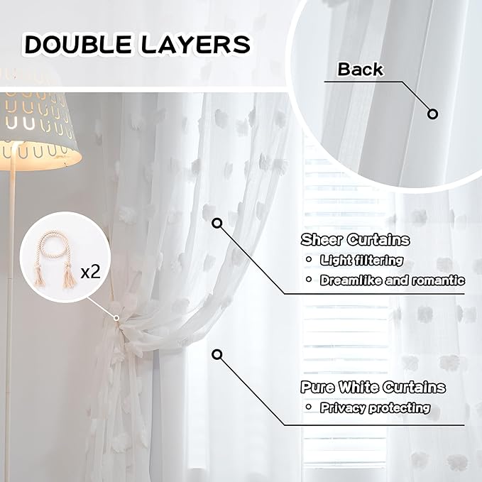 MYSKY HOME White Curtains for Bedroom 72 Inch Long Double Layer Nursery Curtain for Kids Room Kithen White Pom Pom Sheer Back Tab Light Filtering Privacy Protect Window Drapes 2 Panels, 52 x 72 Inch
