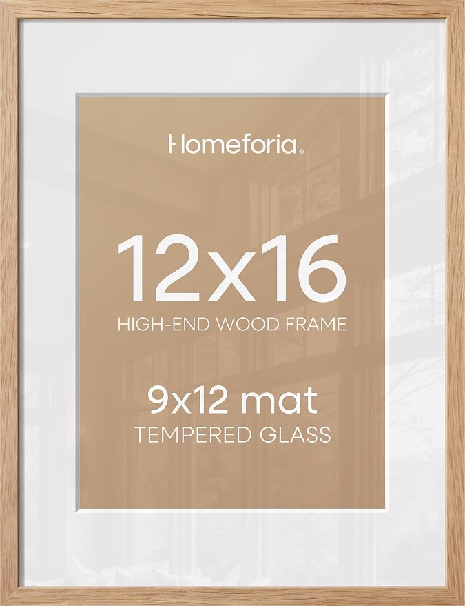 Homeforia 12x16 Wood Frame, High End Natural Oak 12x16 Light Wooden Picture Frame with Mat 9x12, 12 x 16 Poster Frames Matted to 9 by 12 Photo, 16x12 Hanging Frames, Tempered Glass, Wall Kit, Set of 4