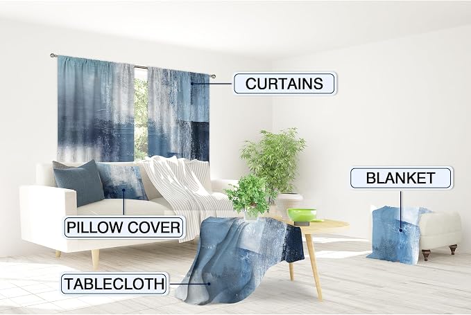 MESHELLY Abstract Navy Blue Curtains 42W x 63H Inch Rod Pocket Grey Art Painting Modern Contemporary Watercolor Cool Oil Print Living Room Bedroom Window Drapes Fabric 2 Panel