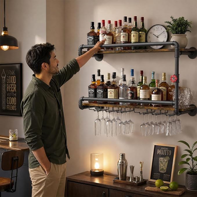 Merapi Rustic Wall Mounted Wine Rack with Stemware Holder, 2 Tier Floating Bar Shelf for Home Bar, Coffee Station, Kitchen Storage, Dining Room Wall Decor, Farmhouse Organization & Coffee Bar Decor