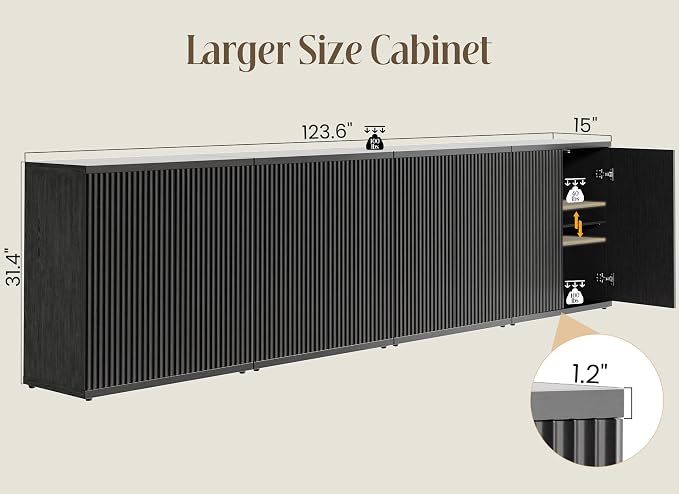 Fluted Buffet Cabinet Sideboard with Storage,Wooden Credenza with 2 Doors&Adjustable Shelve, Modern Accent Cabinets Coffee Bar Bookcase for Living Room,Kitchen Dining Room Entryway 15"D Black