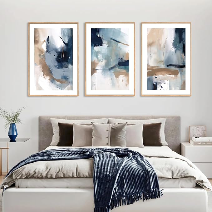LHIUEM Large Abstract Navy Blue Framed Canvas Wall Art,Neutral Brush Stroke Wall Decor,Modern Pastel Brown Wall Painting,Minimalist Shapes Artwork for Living Room,Bedroom,Office- 16"x24"x3