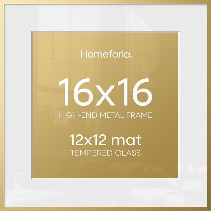 Homeforia 16x16 Picture Frame Gold, High End Metal 16 x 16 Square Poster Frame with Mat 12 x 12 Photo, 16x16 Frame Matted to 12x12 Print, 16by16 Gold Hanging Frames, Tempered Glass, Wall Kit, Set of 3