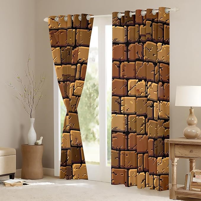 Castle Fairy Miner Square Window Curtains,Pixelated Theme Privacy Blackout Curtain for Window Video Games Shade Windows Covering for Bedroom Brown Pixel Style Drapes 2 Panels,52Wx63L