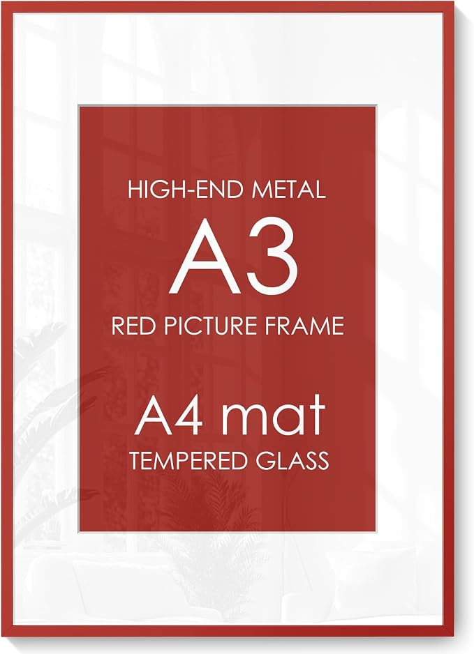 A3 Picture Frame 11.7x16.5 for A4 8.3x11.7 Photo, Aluminum Frame, Red | Sleek Metal Frame for Wall, Desk & Gift | Beveled Glass & Hardware, Minimalist