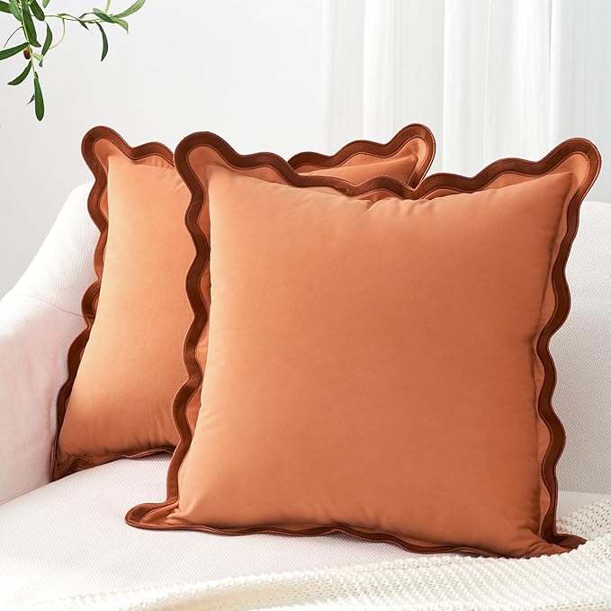 MONDAY MOOSE Decorative Throw Pillow Covers Cushion Cases, Set of 2 Soft Velvet Scalloped Wavy Edge Designs, Mix and Match for Home Decor, Pillow Inserts Not Included (20x20 inch, Rust/Coral)