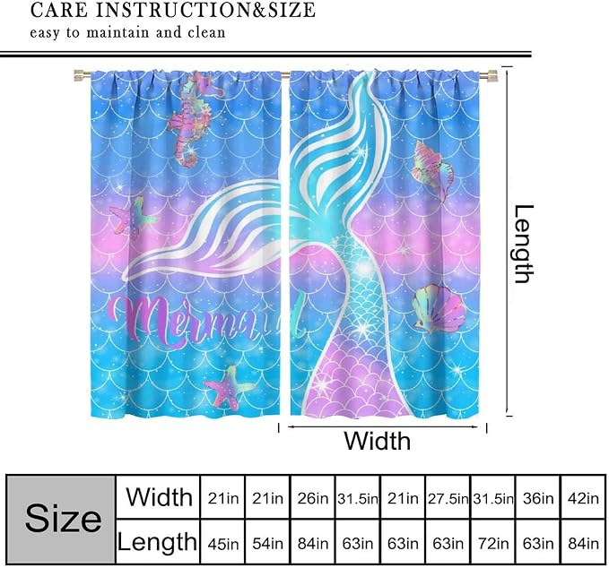 YCness Mermaid Curtains for Girls Bedroom Decor Rainbow Mermaid Tail Fish Scale Fantasy Ocean Theme Art Printed Blackout Window Drapes Fabric Set 2 Panel 63x63 Inch 80% Shading Rate