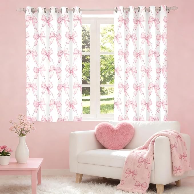 Feelyou Bow Room Darkening Blackout Curtain Boys Girls (2 Panels, 52 x 96 Inch) Pink Girls Bow Curtains for Bedroom Living Room Cute Bowknot Blackout Curtains Kawaii Window Treatments