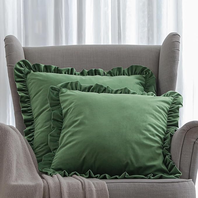 patdrea Designer Vintage Throw Pillow Covers 22"x22",Soft Velvet Durable Lumbar Pillows Cover,Farmhouse Decorative Pillow for Bed Living Room Car Outdoor Set (2 Pack Olive Green Square)