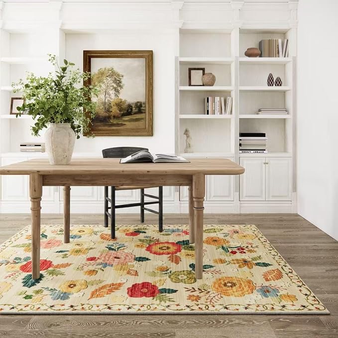 3x5 Washable Area Rugs for Bedroom: Small Entryway Rug with Non Slip Backing Low Pile Soft Faux Wool Distressed Vintage Floral Throw Rugs for Living Room Kitchen Office Dorm Nursery Entrance Enytry