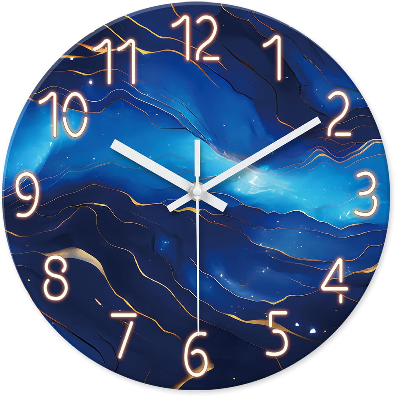 Small Wall Clocks Battery Operated 12 Inch Blue Marble Wall Clock for Kitchen Glass Analog Silent Wall Clock Non Ticking