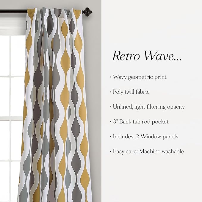 Lush Decor Mid Century Geo Light Filtering Window Curtain Panel Pair, 52" W x 108" L, Gold & Gray