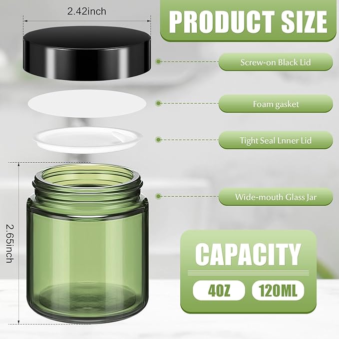Norme 48 Pcs 4 oz Glass Jars with Lids Leakproof Round Airtight Empty Cosmetic Jars with Inner Liners Lid for Storing Lotions Powder Ointments Making Tins (Olive Green)