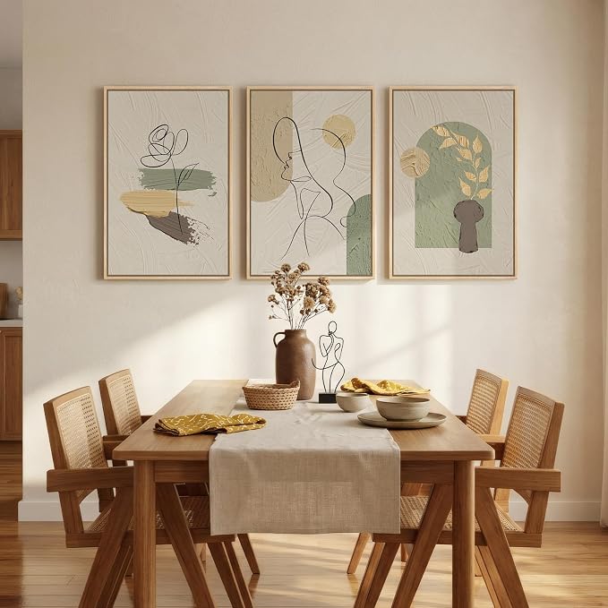 3 Piece Framed Abstract Boho Wall Art Bedroom 16x24 Inch | Large Neutral Canvas Print Painting, Modern Minimalist Line Face Botanical Picture Artwork Decor for Living Room Dining Room