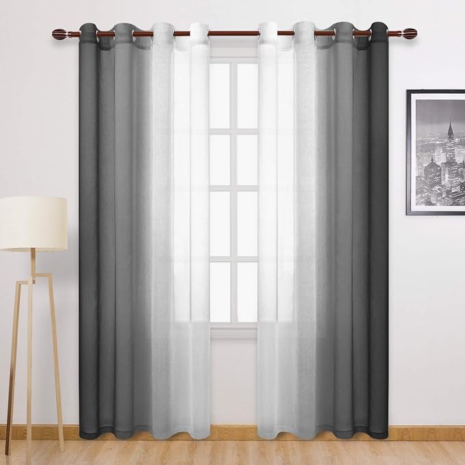 DWCN Black Ombre Sheer Curtains - Faux Linen Gradient Semi Voile Bedroom and Living Room Curtains, Set of 2 Grommet Top Window Curtain Panels, 52 x 90 Inches Long