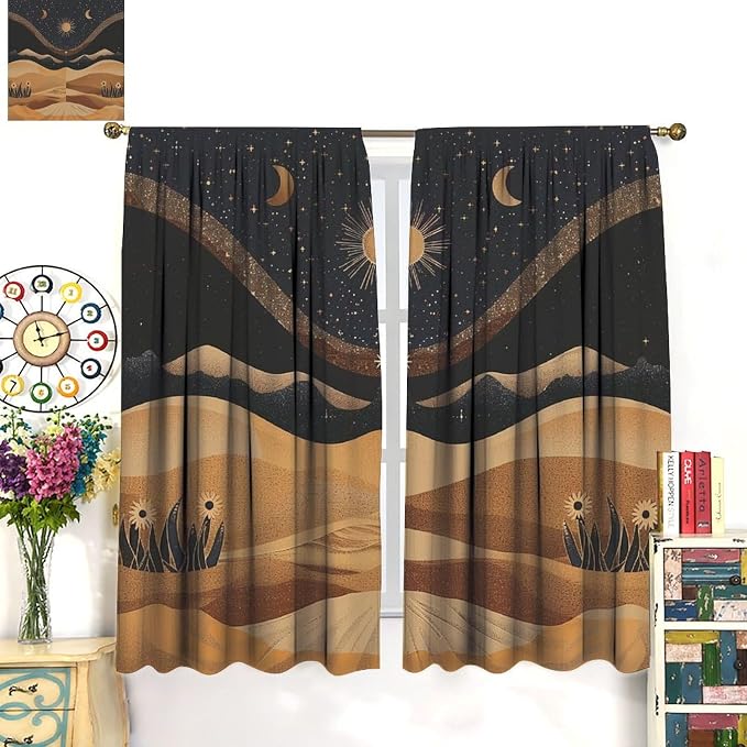 Sun Moon Blackout Curtains, Vintage Country Abstract Mid Century Desert Landscape Window Drapes, for Bedroom Living Room 72" W X 63" L