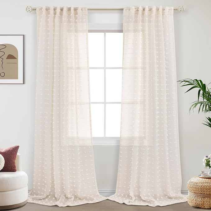 DANCURTON Beige Sheer Curtains 108 Inch Length for Bedroom Living Room Natural Farmhouse Boho Semi Sheer Curtain Light Beige Back Tab Pom Pom Sheer Curtains for Nursery Kids 52 by 108 Inches Long