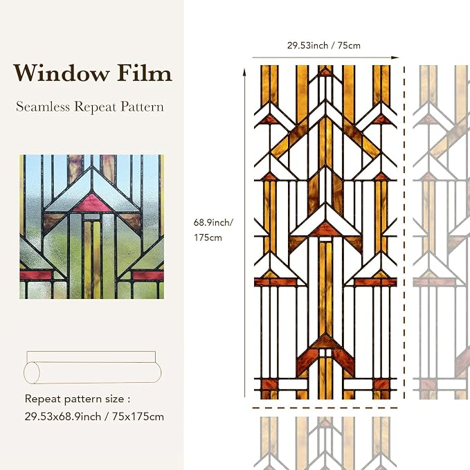 Faux Stained Glass Window Film, Decorative Window Privacy Film for Front Door Sliding Door Glass Film Decor Inspired by Frank Lloyd Wright, 29.53" x68.9" Hollyhock House, Boho