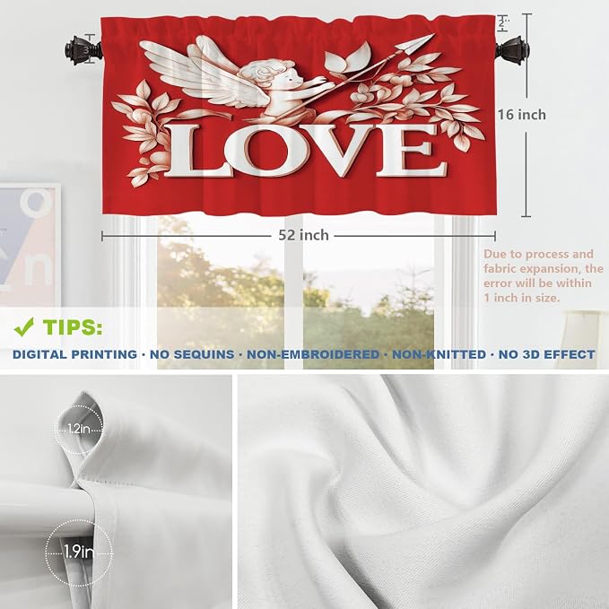 Shrahala Cupid Love Blackout Short Curtains for Windows, Romantic Love Kitchen Valance Thermal Insulated Rod Pocket Window Treatment for Bathroom 2 Pack 52 X 16 in