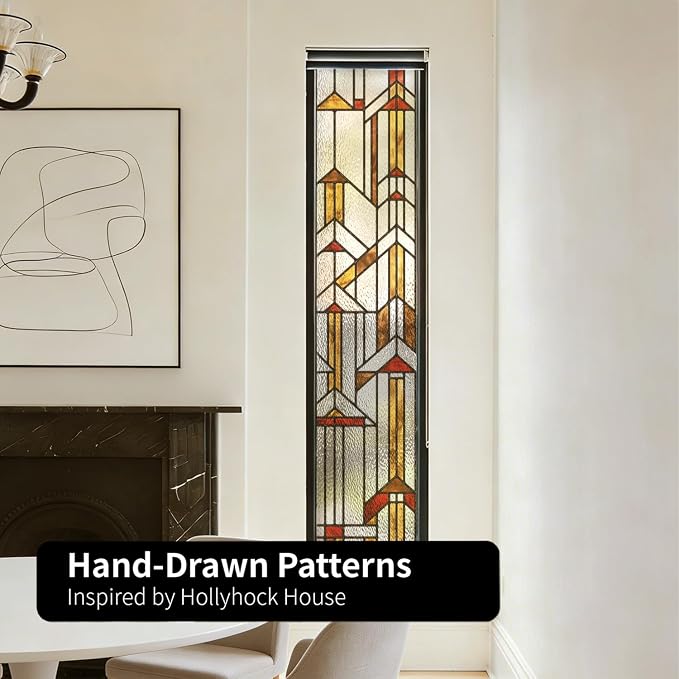 Faux Stained Glass Effect Window Privacy Film, Original Hand Drawn Static Cling for Sidelight Door Glass Decor Inspired by Frank Lloyd Wright, 11.02" x55.12" Hollyhock House, Boho