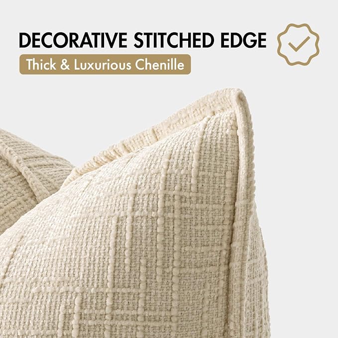 MIULEE Slubby Textured Decorative Throw Pillow Covers 20x20 Inch Set of 2 Boho Farmhouse Soft Cozy Chenille Pillows Cushion Cases Modern Neutral Home Decor for Couch Sofa Bed Living Room, Beige