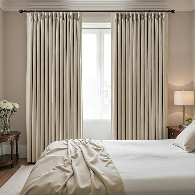 IVAPUPU Sand Pinch Pleated Full Blackout Linen Curtains for Bedroom, Black Out Curtains 108 Inches Long for Living Room Darkening Thermal Insulated Neutral Pleat Drapes with 16 Hooks, 2 Panels