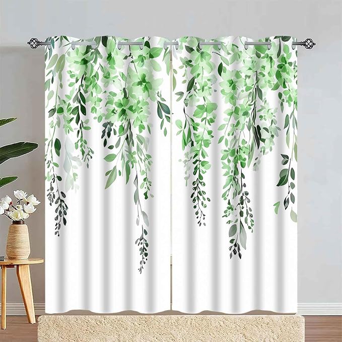 Green Watercolor Floral Curtains, 42x84 inch, 2 Panels | Botanical Leaves Vine Flowers, Rustic Farmhouse, Blackout Window Treatment, For Bedroom Living Room