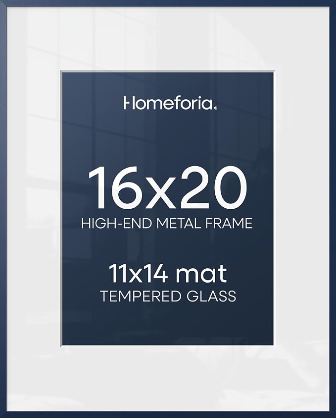 Homeforia 16x20 Navy Blue Picture Frame, High End Metal 16x20 Poster Frames with Mat 11x14 inch Photo, 16 x 20 Navy Blue Frame Matted to 11 by 14 Print, 20x16 Frame, Tempered Glass, Wall Kit, Set of 1