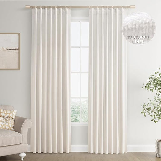 Joywell 100% Blackout Linen Curtains 96 Inches Long for Bedroom 8 FT Black Out Curtain Room Darkening Drapes for Sliding Glass Door Window Back Tab Hook Belt 2 Panels Set,52 x 96,Ivory