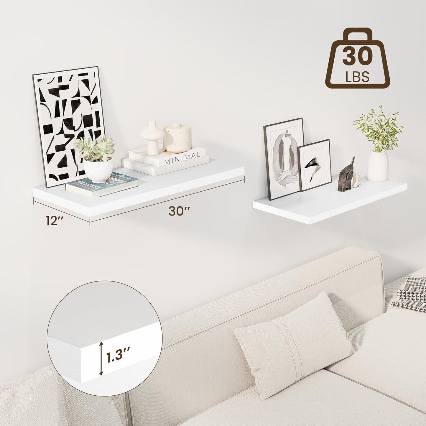 30" Floating Shelves for Wall, 12" Deep Slim White Floating Shelves, Wall-Mounted Shelves for Bedroom, Living Room, Kitchen, Bathroom - Set of 2