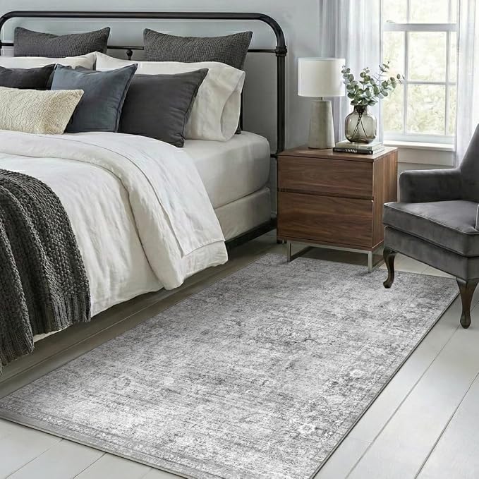 Homemate Washable Rug 3x5 Area Rugs - Vintage Faux Wool Rugs for Living Room Bedroom Dining Room - Non Slip Foldable Carpet Indoor Area Rug for Home Decor（3'x5', Grey