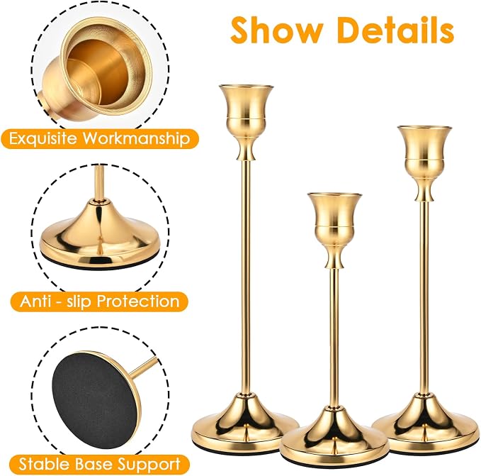Brass Gold Candle Holders Set of 12, Metal Taper Candlestick Holders in 3 Heights - Vintage Candle Stick Holder Brass Decor - Candle Holder Centerpieces for Wedding Table Home Christmas Decoration