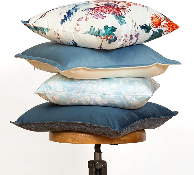 Decorative Throw Pillow Set of 4, 18" x 18" Colorful Blue Floral Accent Pillow Covers, Velvet Crane
