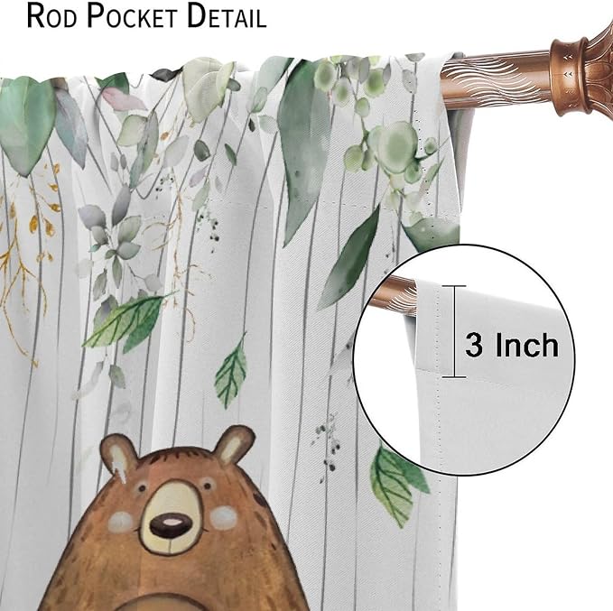 Forest Animal Curtains, Watercolor Wild Animal Bear Fox Deer Kids Window Treatments for Living Room Bedroom,Green Woodland Tree Kids Drapes 2 Panel Sets,84x84 Inch