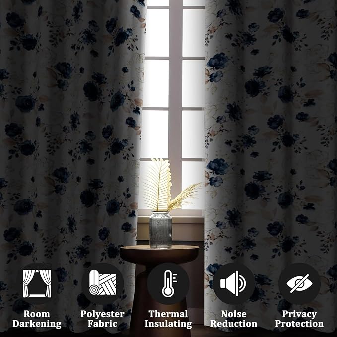 Renaiss Floral Blackout Curtains for Bedroom Pretty Rose Flowers Pattern Curtain & Drapes Thermal Insulated Black Out Curtain for Living Room 53W x 63L inches 2 Panel Set