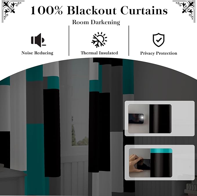 Tyrot Teal/Turquoise 100% Blackout Curtains for Bedroom 84 inch Length 2 Panels Set White Grey Modern Abstract Geometric Black Out Curtains Room Darkening Window Drapes for Living Room, 42Wx84L