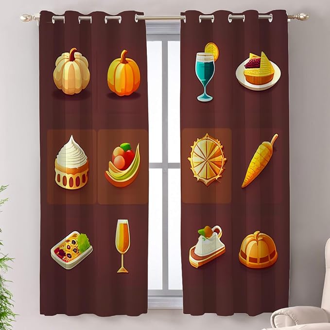 Shrahala Happy Thanksgiving Day Thermal Insulated Blackout Window Curtains, Pumpkin Turkey Bird Leaves Long Drapes for Bedroom/Living Room with Plastic Grommet, 52X63 Set of 2