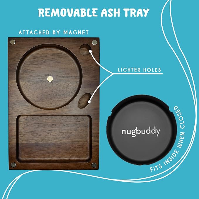 Nugbuddy Wooden Rolling Tray | 3 in 1 Folding Design Set w Magnetic Lid | Big & Small Trays + Removable Metal Tray | Portable Accessory Kit for Car Travel & Home | Premium Acacia Wood