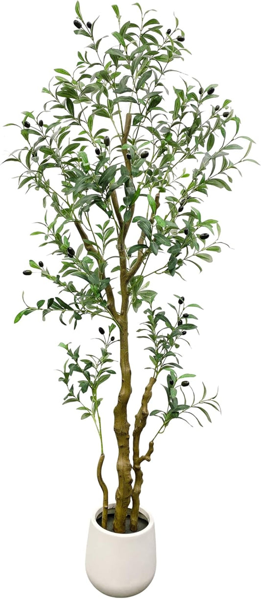 6FT Artificial Olive Tree with White Planter,Silk Fake Plants with Three Thick Trunk and Lifelike Fruits,Indoor Outdoor Fake Large Tree for Home Office Living Room Decor