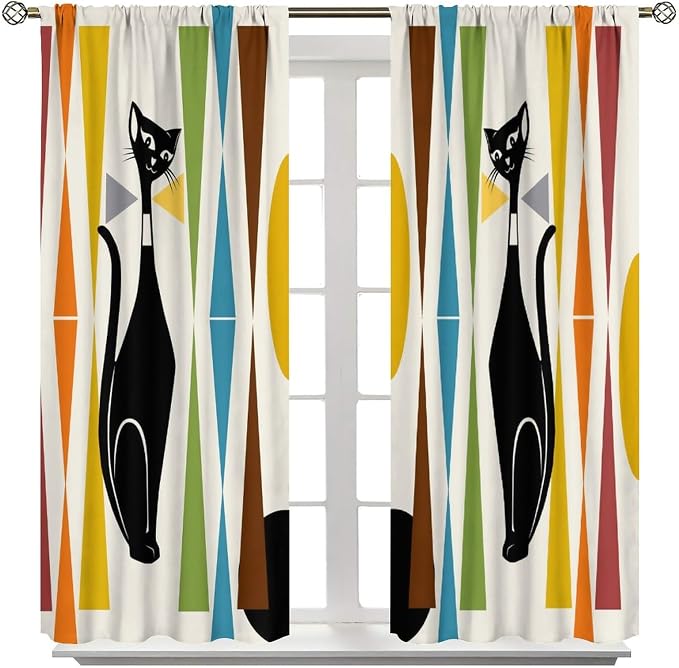 JESTRONRY Mid Century Style Curtains,Black Cat Modern Abstract Geometric Vintage Colorful Shape Pattern Theme Home Fabric Living Room Bedroom Kitchen Bathroom Decor 42x45in