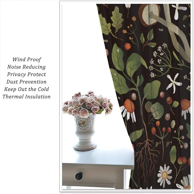 Rustic Mushroom Curtains, Vintage Woodland Wild Chamomile Flowers Mushroom Plants Leaves Print Blackout Window Drapes for Kitchen Bedroom Livingroom, 72" W X 63" L